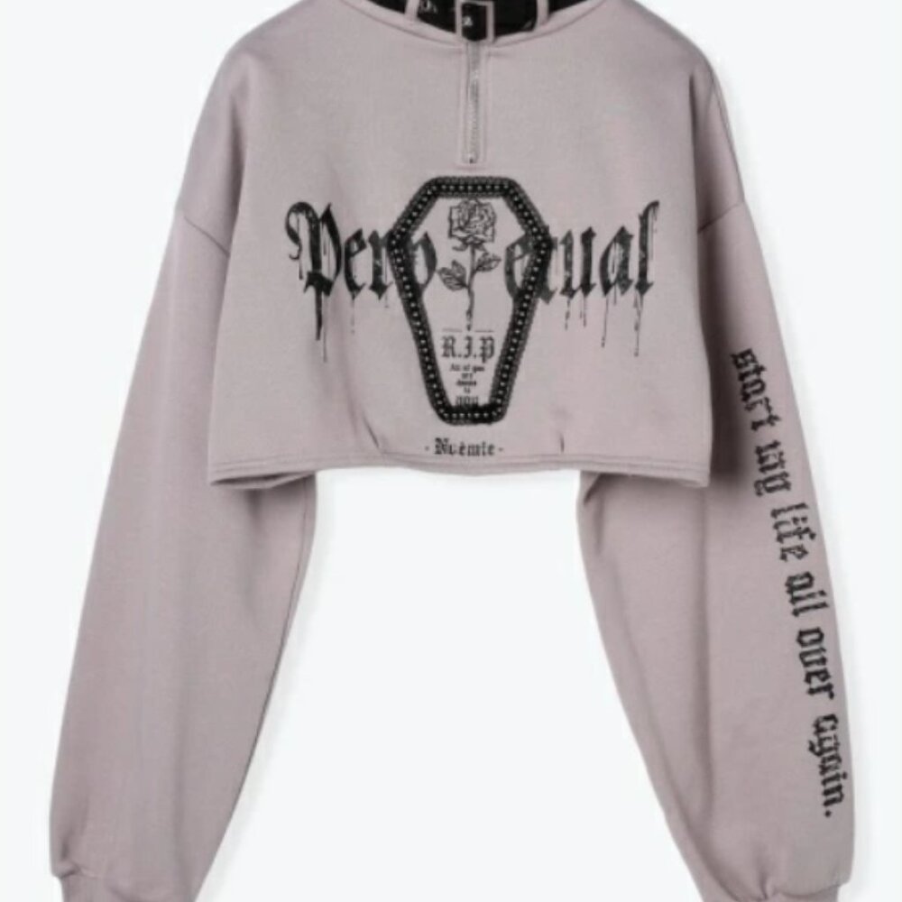 Noemie Gray Belt Mock Neck Coffin Crop Half Zip Pullover Sweater Cutsew